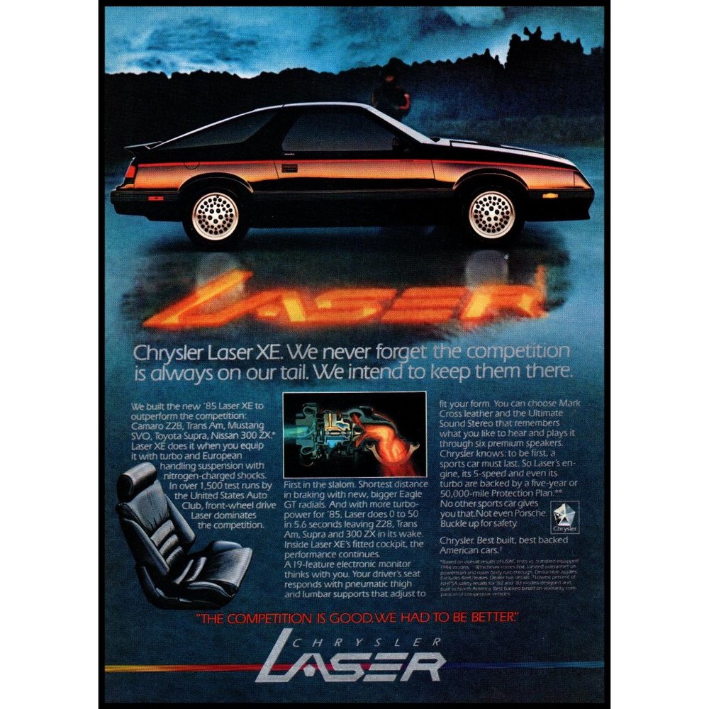 1985 Chrysler Laser XE 2 Door Hatchback Sports Car Vintage Print Ad Wall Art